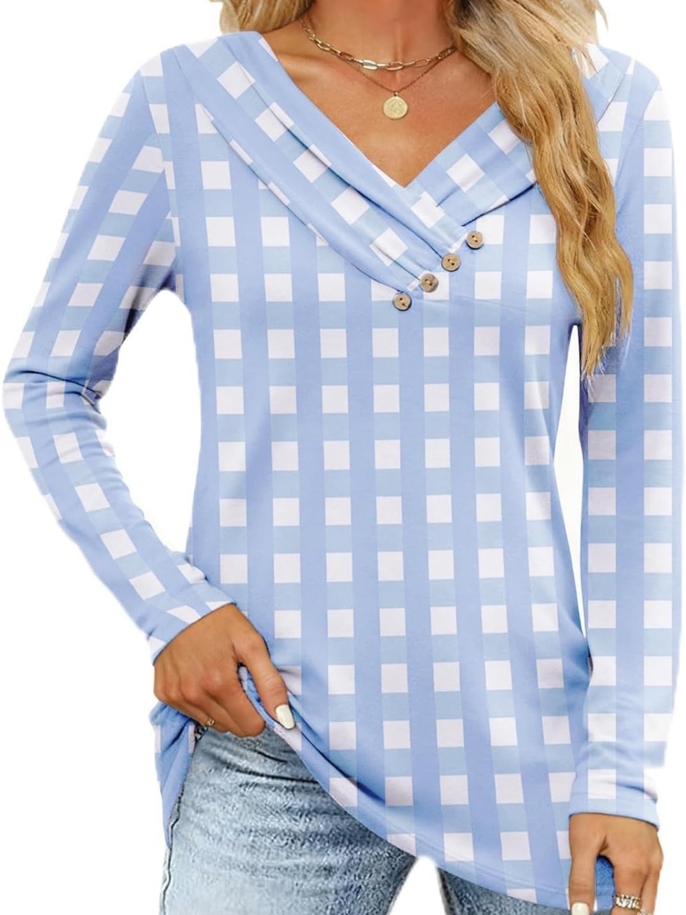 Women's Light Blue Gingham V-Neck Long Sleeve Top Women's Fall Long Sleeve Tunic